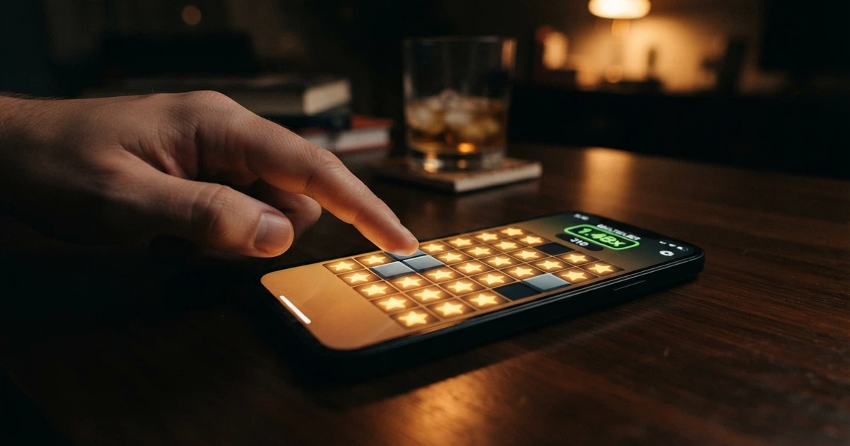 Une grille 5×5 composée de cases étoilées et de mines cachées, avec un multiplicateur affiché à côté, sur fond sombre évoquant l'univers des jeux de casino en ligne