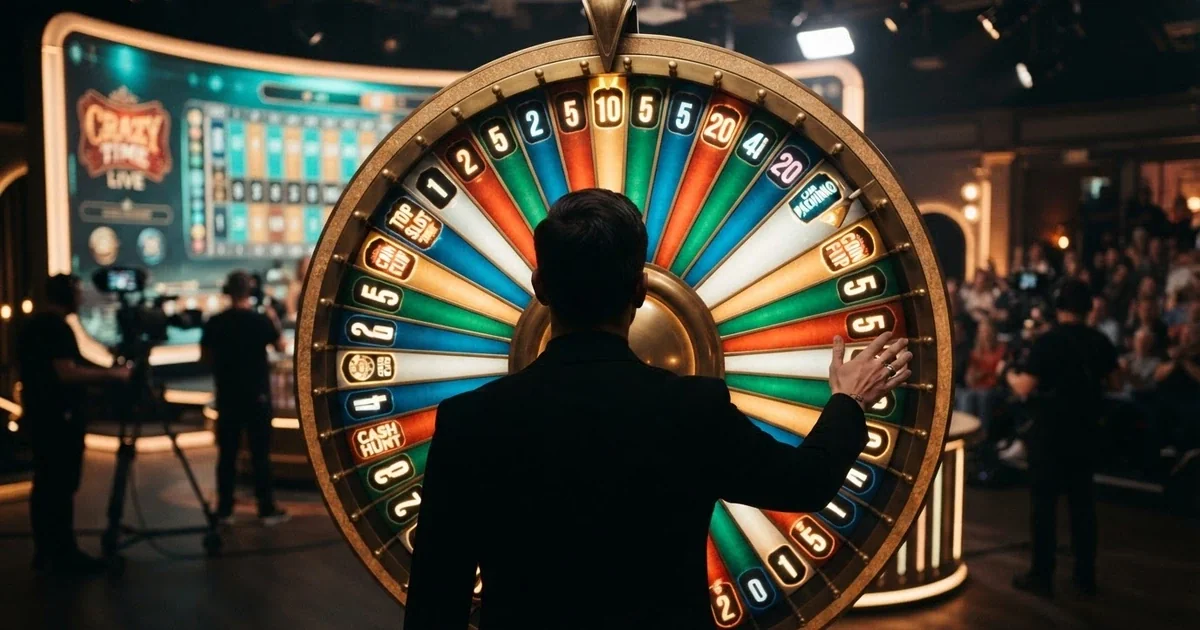 Roue de la fortune et croupier en direct du jeu Monopoly Live d'Evolution Gaming, avec le plateau de jeu en arrière-plan