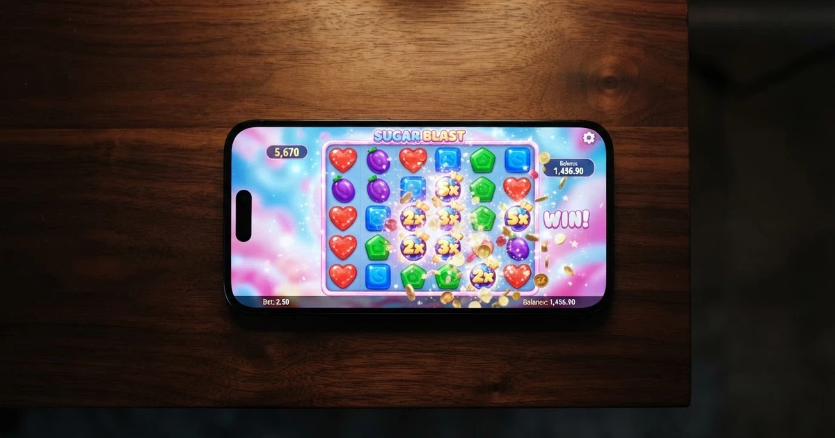 Capture d'écran de la machine à sous Sweet Bonanza sur un fond coloré aux teintes sucrées, interface de jeu visible avec les rouleaux 6×5 et des symboles de bonbons