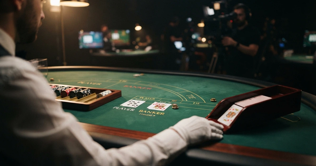 Une table de baccarat en direct filmée en studio avec un croupier réel, des cartes disposées sur le tapis vert et l'interface de mise affichée à l'écran