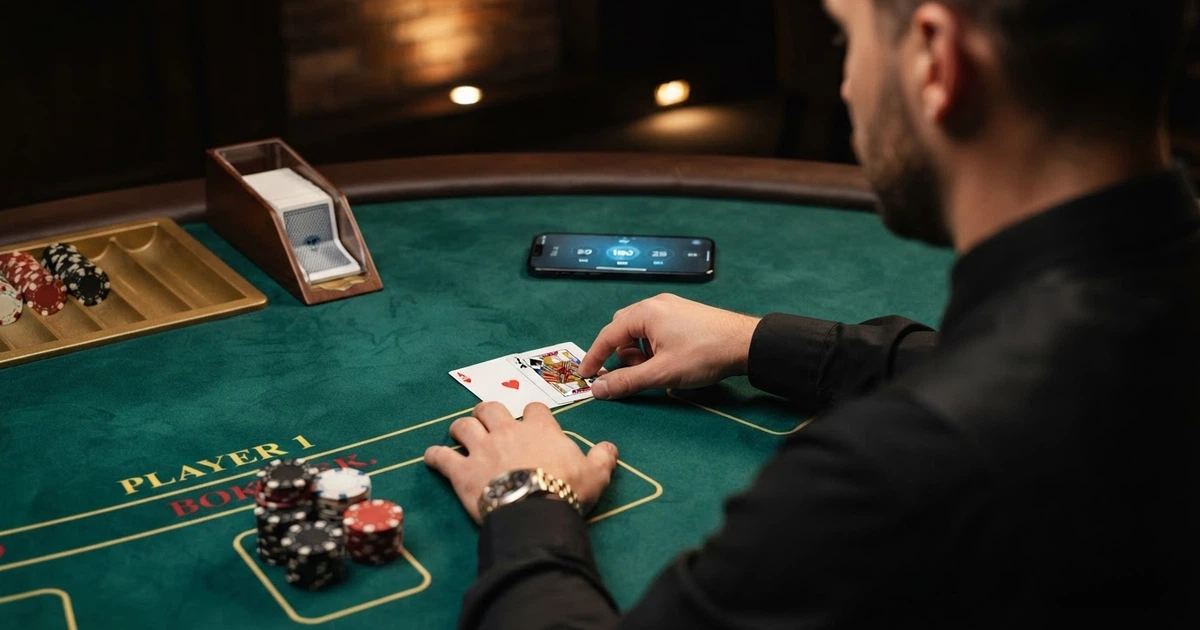 Une table de blackjack en direct filmée en plan large : un croupier professionnel distribue des cartes, l'interface de mise est visible à l'écran, des jetons sont empilés au premier plan.