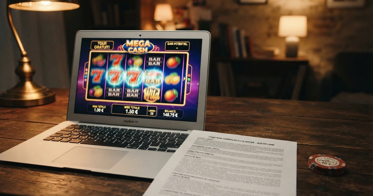 Un écran de casino en ligne affichant une offre de bonus sans dépôt, avec une loupe posée sur les conditions en petits caractères.