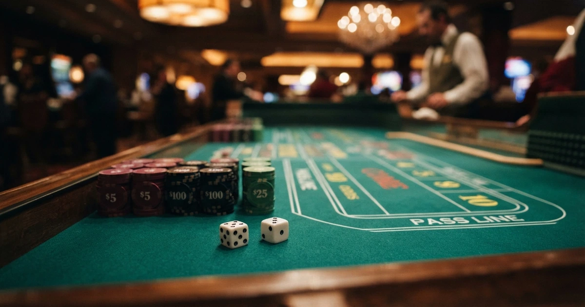 Une table de craps verte illuminée avec des dés blancs posés sur le tapis de mise, des jetons de casino empilés et le stick du croupier en arrière-plan