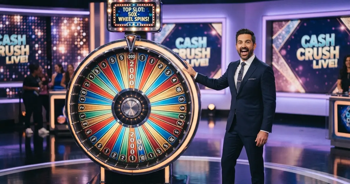 La roue du Crazy Time en studio avec son présentateur, le multiplicateur Top Slot affiché au-dessus du plateau