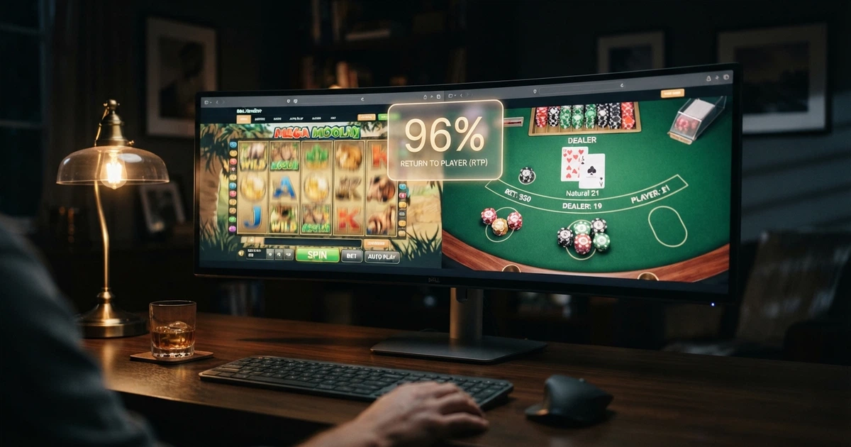 Interface d'un casino en ligne affichant une machine à sous, une table de blackjack et un pourcentage de redistribution