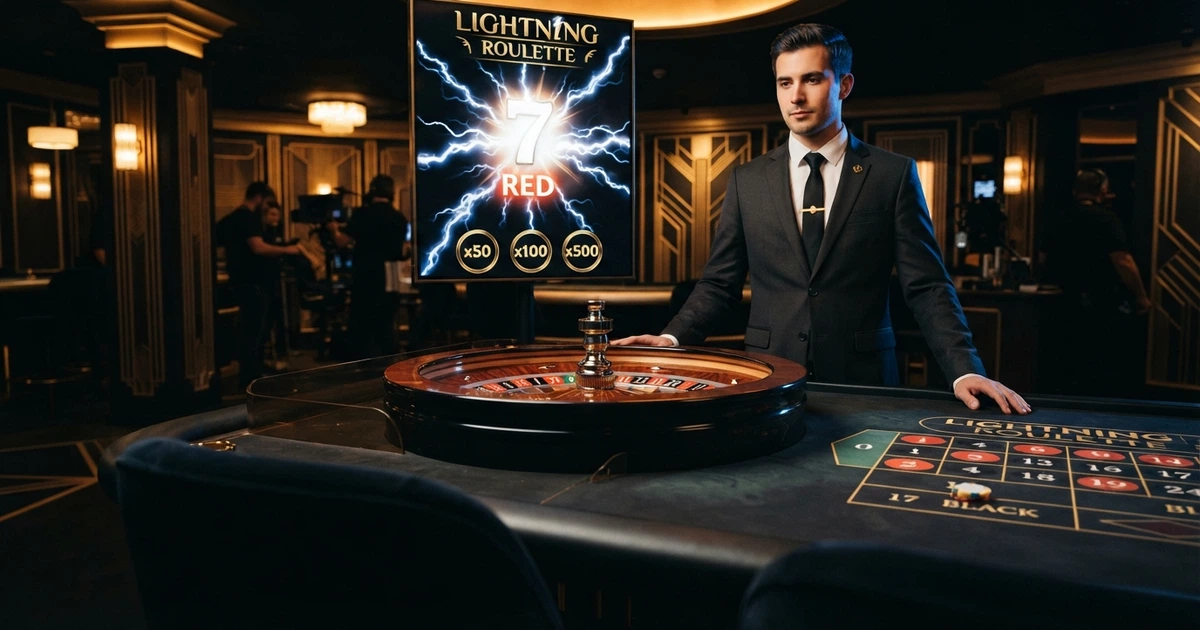 Une table de Lightning Roulette avec son croupier en direct, l'éclair frappant un numéro porte-bonheur sur l'écran