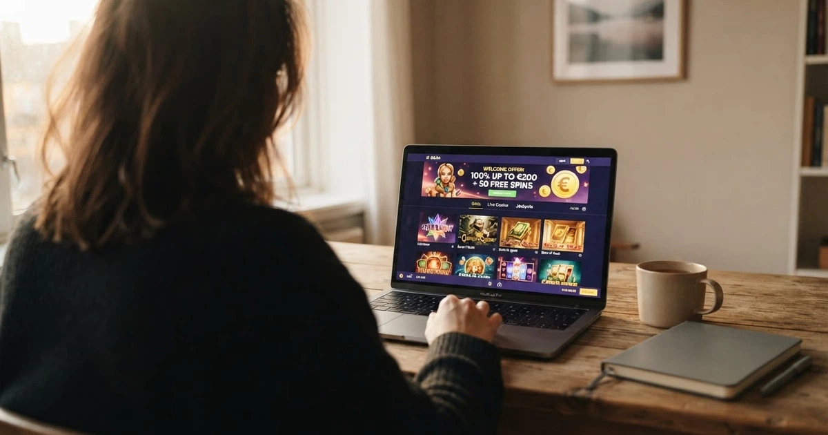 Comparaison de casinos en ligne avec jeux Novomatic sur un écran, interface de machine à sous Book of Ra visible, ambiance de jeu