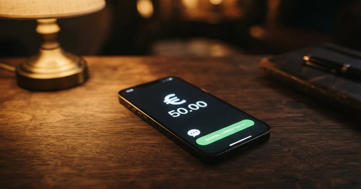 Un téléphone mobile affichant la page de dépôt d'un casino en ligne, avec l'icône d'un SMS de confirmation sortant de l'écran