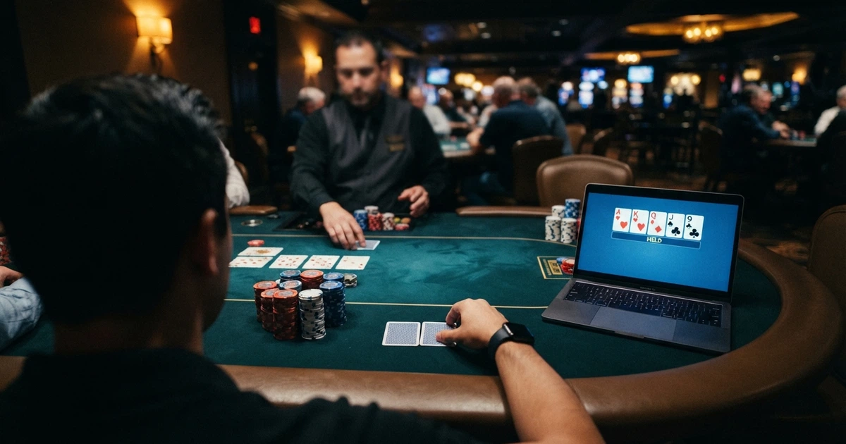 Écran partagé entre une table de poker live avec croupier et une interface de video poker Jacks or Better, fond sombre de casino