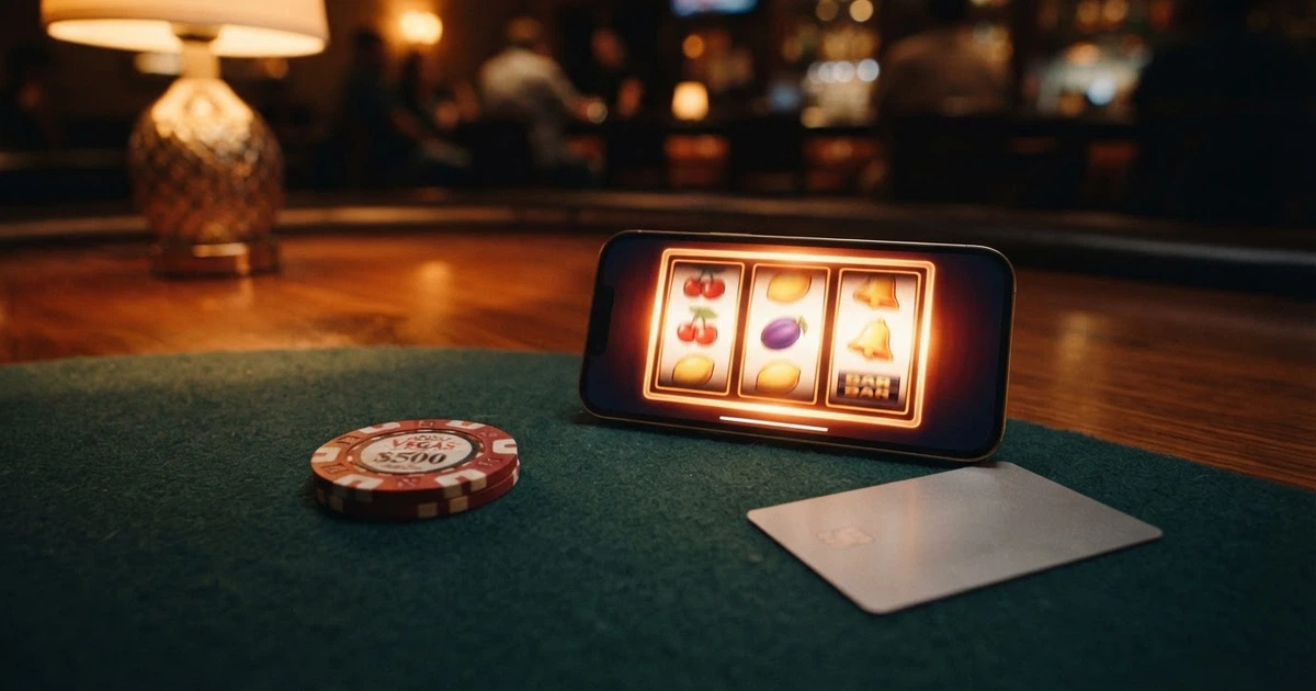 Une carte American Express posée à côté d'un écran de casino en ligne affichant une machine à sous, dans un salon tamisé