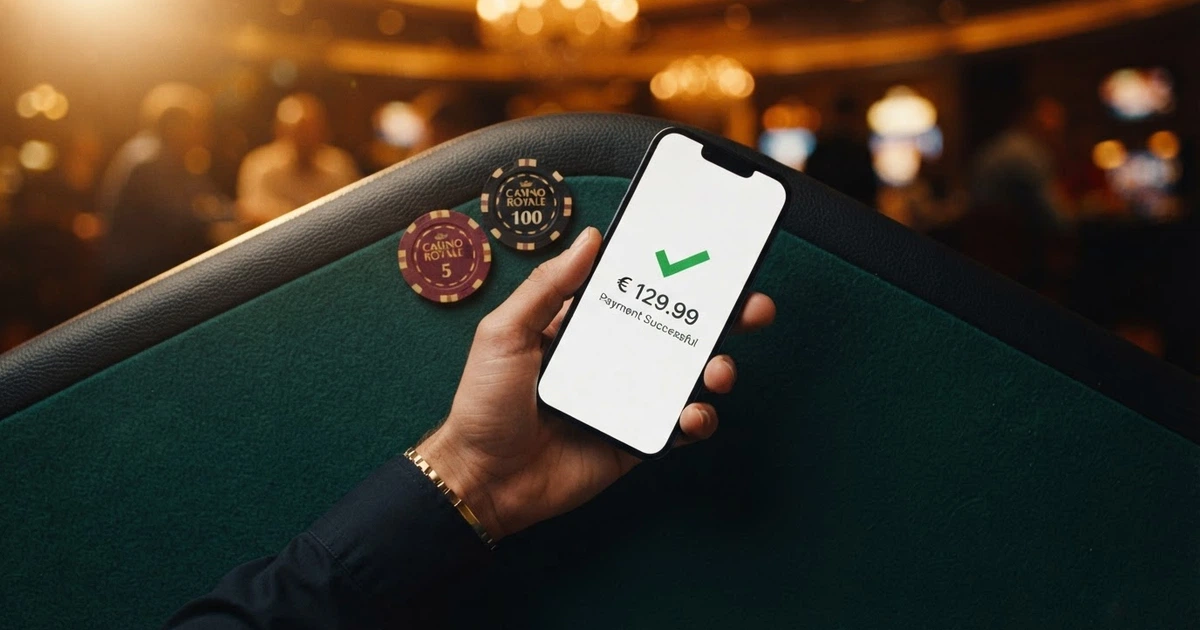 Un iPhone tenu par un utilisateur, affichant l'écran de confirmation d'un paiement Apple Pay avec l'icône d'un casino en arrière-plan flouté