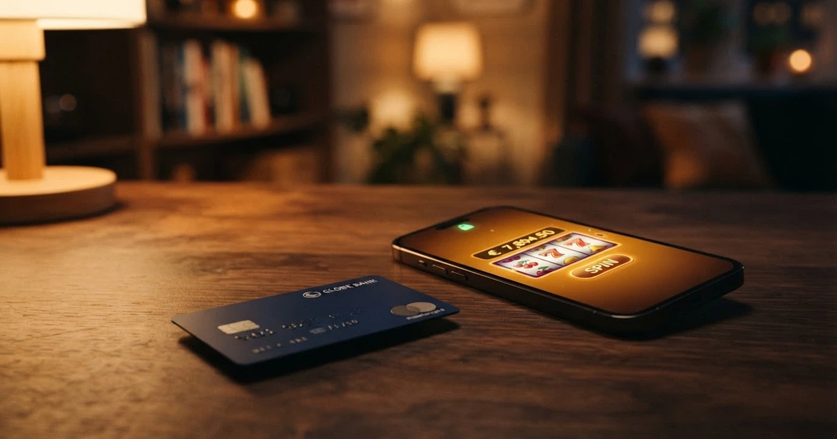 Gros plan sur une carte bancaire Visa posée à côté d'un écran de smartphone affichant la page d'accueil d'un casino en ligne, avec le cadenas 3D Secure visible à l'écran