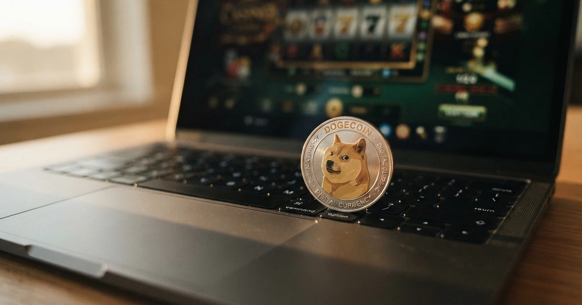 Pièce Dogecoin posée sur un clavier, écran de casino en ligne affiché en arrière-plan