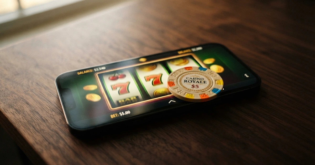 Une pièce physique Ethereum posée sur un écran affichant l'interface d'un casino en ligne, avec des slots colorés en arrière-plan.