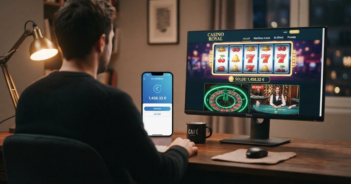 Interface de casino en ligne affichée sur un écran d'ordinateur, à côté d'un smartphone montrant l'écran d'accueil de l'application Jeton