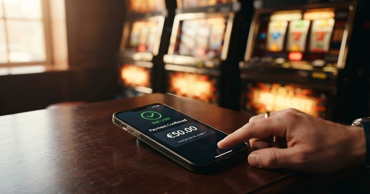 Un téléphone montrant l'écran de paiement Klarna au-dessus d'une grille de machines à sous en ligne
