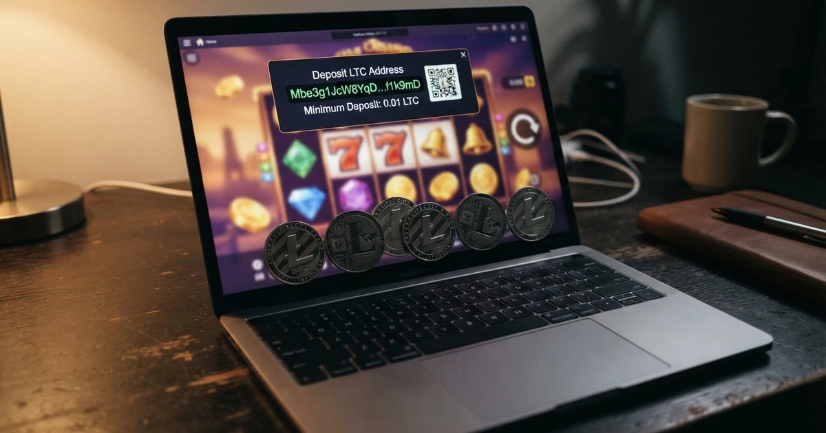 Pièces de Litecoin posées sur l'écran d'un ordinateur affichant l'interface d'un casino en ligne, une adresse de dépôt LTC visible à l'écran
