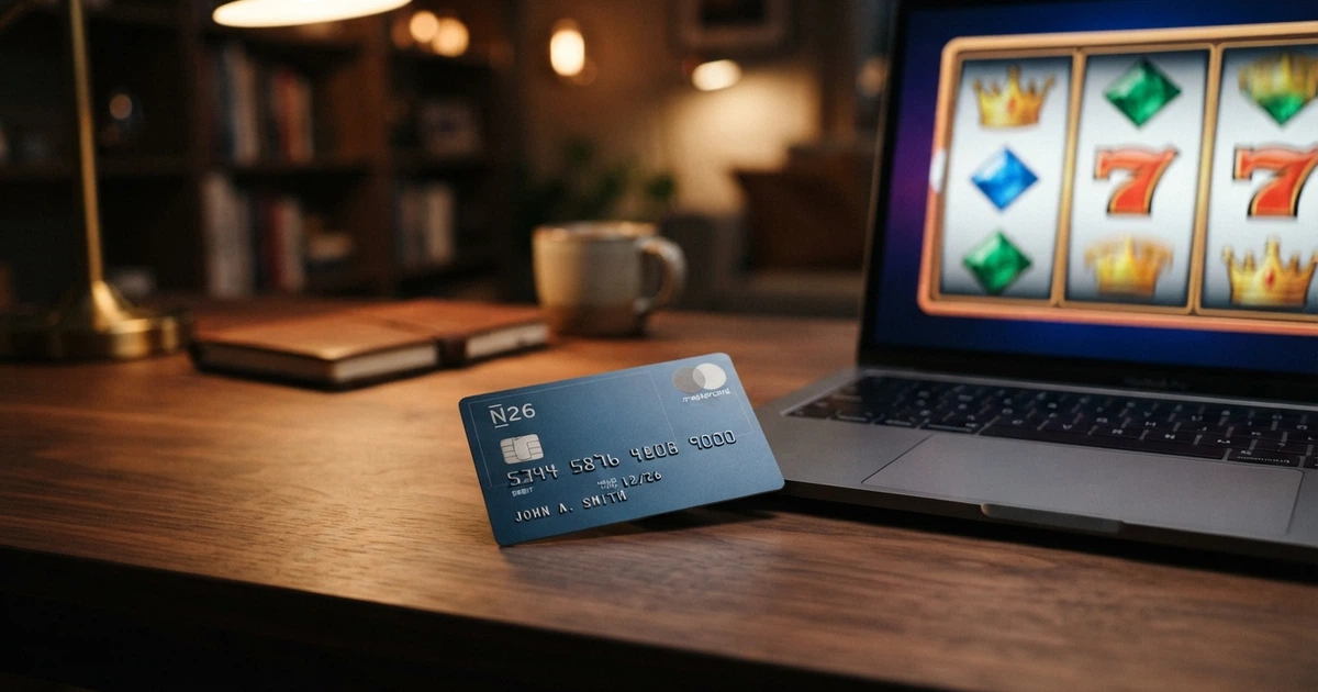 Carte bancaire N26 posée à côté d'un écran affichant une interface de casino en ligne avec des machines à sous