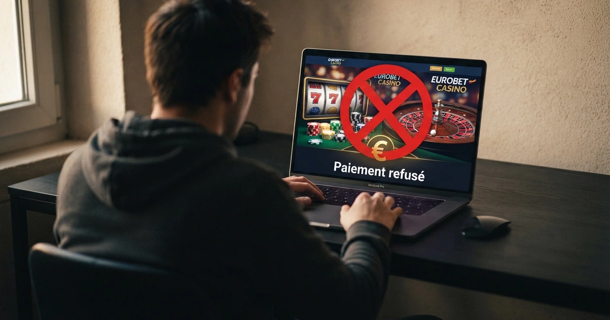 Paiement Neteller refusé devant un écran de casino en ligne barré d'un symbole d'interdiction