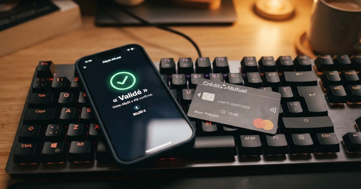 Un téléphone et une carte bancaire posés sur un clavier, avec une interface de casino en ligne affichant un écran de dépôt et le mot « validé » en vert