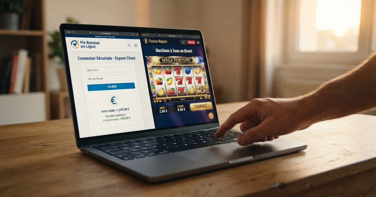 Comparaison de l'écran d'accueil d'un casino en ligne et d'une interface bancaire sur un ordinateur portable, illustrant le flux Pay N Play