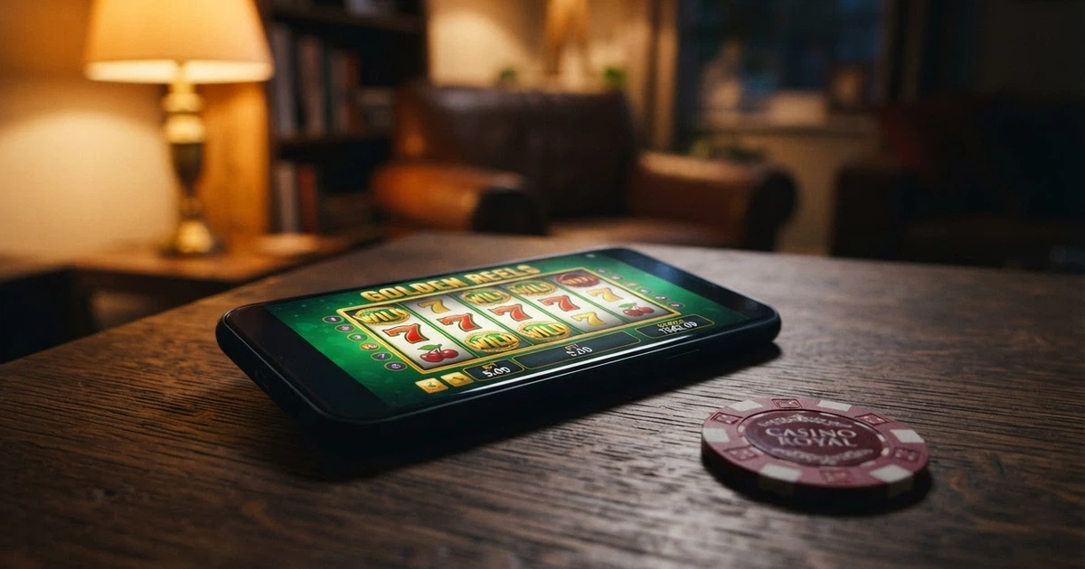 Un portefeuille électronique Skrill affiché sur l'écran d'un smartphone, avec en arrière-plan l'interface d'un casino en ligne ouverte sur une machine à sous colorée.