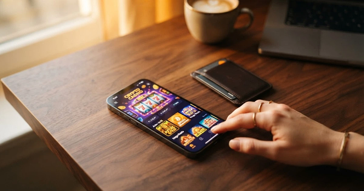 Un smartphone affichant l'interface d'un casino crypto à côté d'un portefeuille numérique ouvert, le logo TRON visible à l'écran