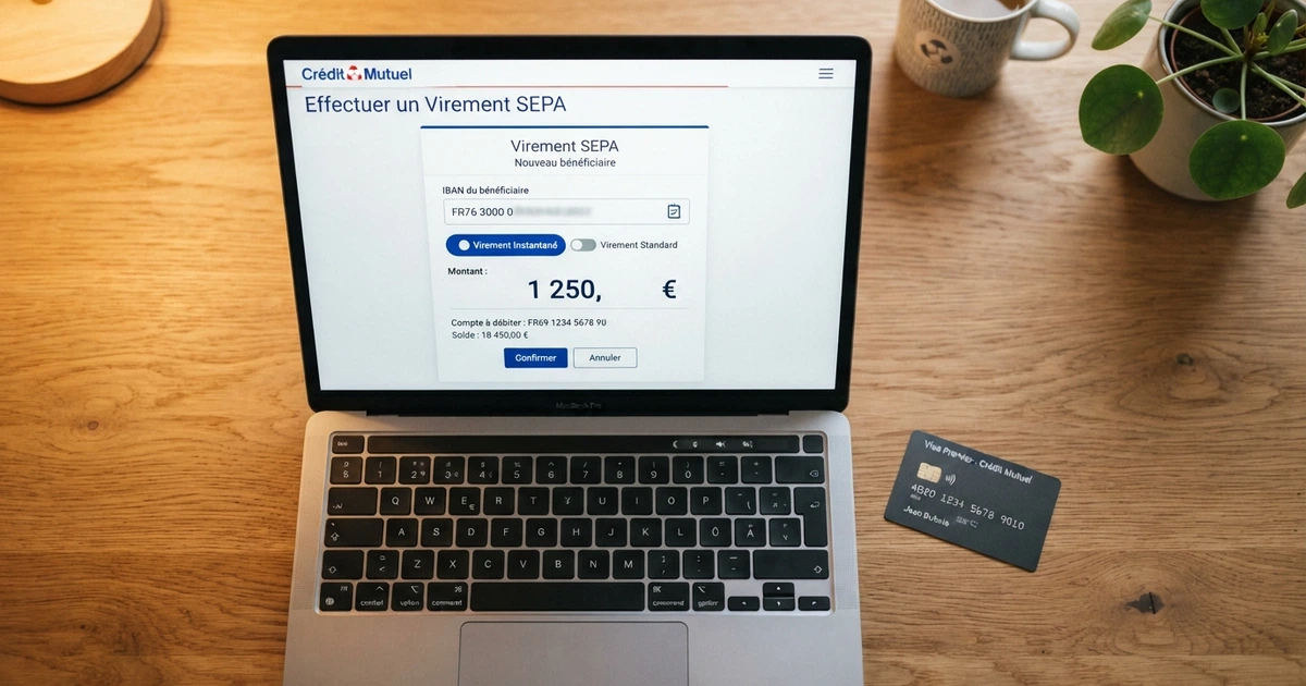Capture d'écran d'une interface bancaire française montrant un ordre de virement SEPA avec le champ IBAN du bénéficiaire et le choix entre virement classique et virement instantané, sur fond de carte de débit.