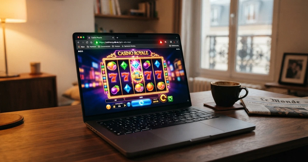 Un ordinateur portable affichant la page d'accueil d'un casino en ligne, avec un cadenas de sécurité dans la barre d'adresse et le logo de l'ANJ en surimpression sur l'écran