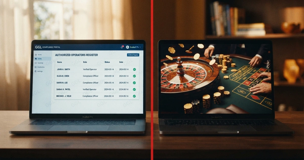 Un écran affichant le registre officiel des opérateurs agréés de l'ANJ à côté d'une interface de casino en ligne, séparés par un trait rouge.