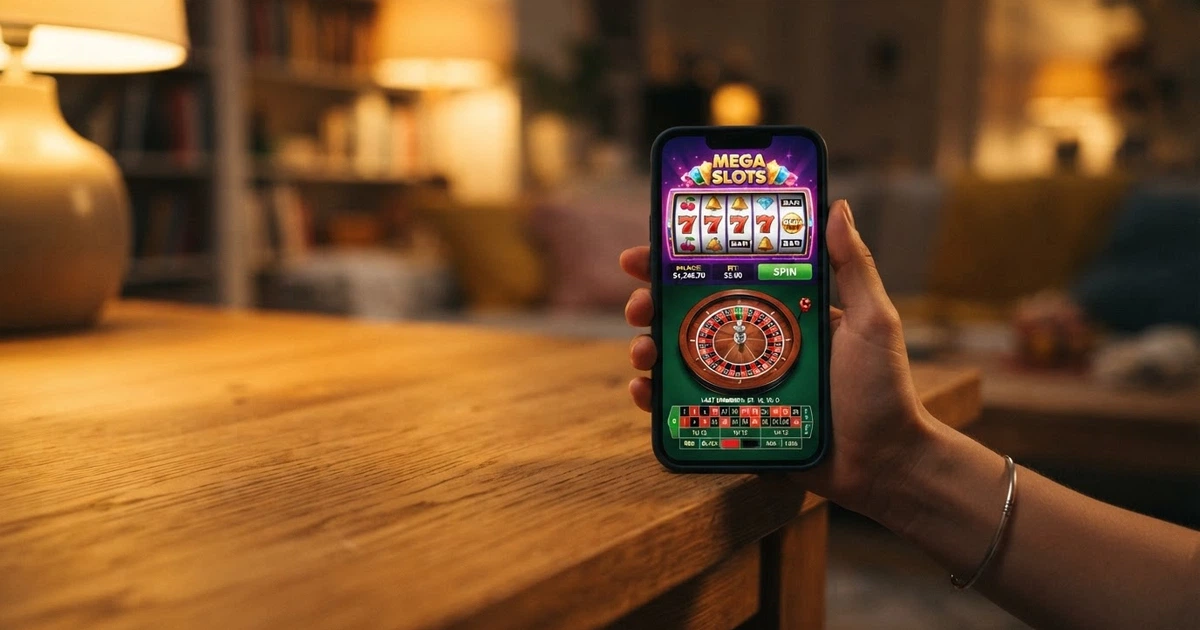 Une main tient un smartphone affichant l'interface d'un casino, posé sur une table de bois.