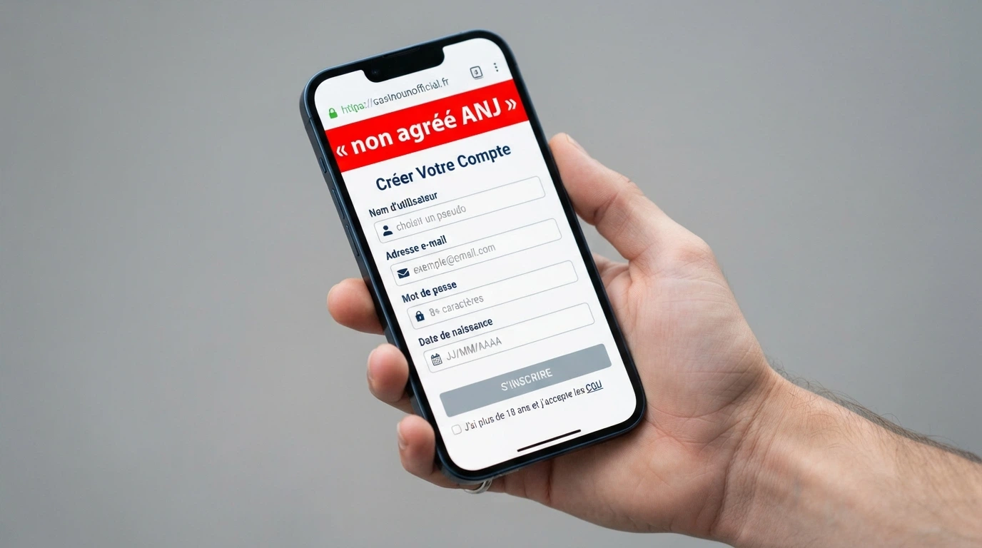 Un écran de smartphone affichant une page d'inscription de casino en ligne barrée d'un bandeau rouge « non agréé ANJ »