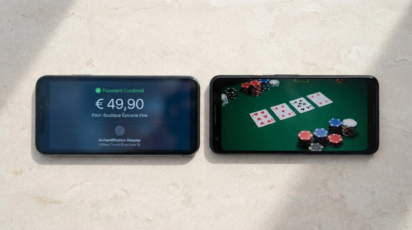 Deux smartphones côte à côte : l'un affichant l'écran de validation Google Pay, l'autre une table de blackjack en mode paysage