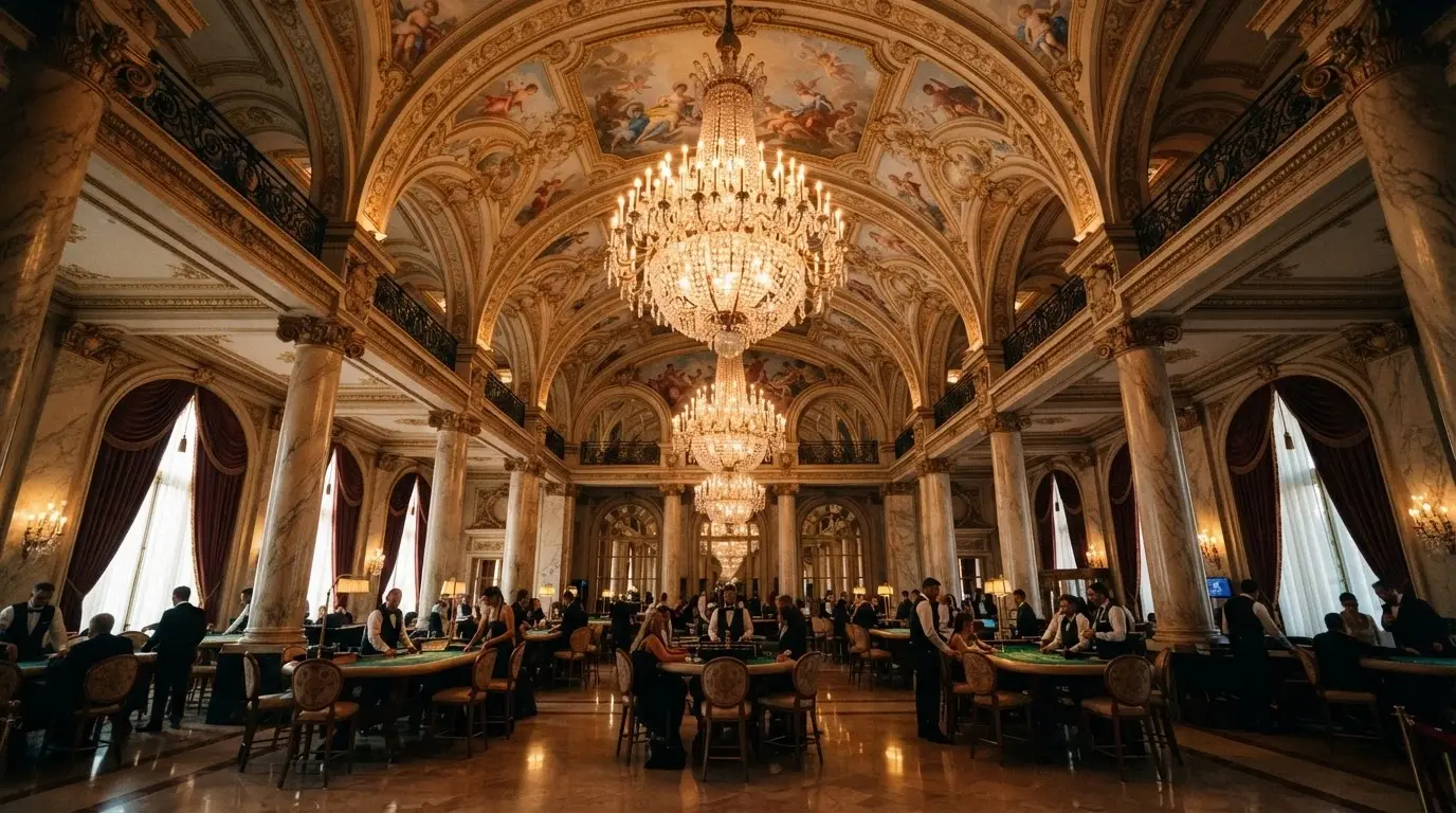 La salle de jeu du Casino de Monte-Carlo avec ses lustres en cristal, ses dorures et ses plafonds peints, vue en contre-plongée