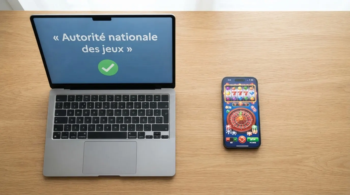 Écran partagé : à gauche, le logo de l'ANJ sur fond bleu ; à droite, une interface de casino en ligne avec l'indication « licence Curaçao » en petits caractères