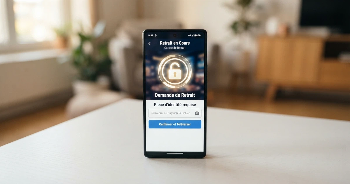 Un écran de smartphone affichant une page de retrait casino avec un cadenas ouvert et un champ « pièce d'identité requise » en surimpression