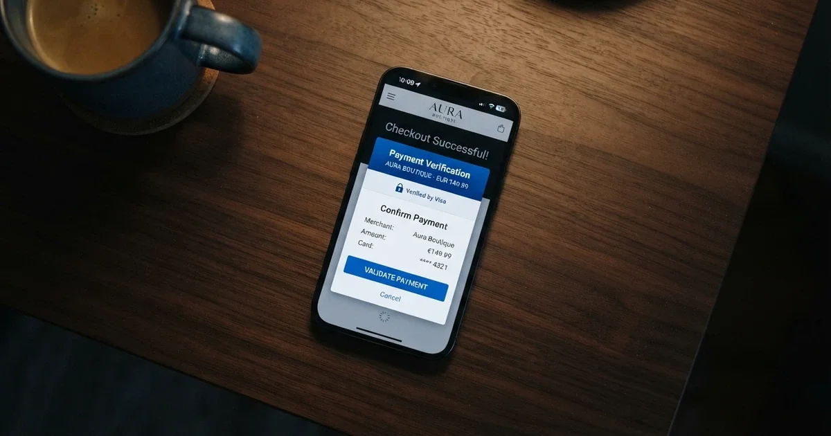 Écran de smartphone affichant une page de paiement en ligne avec une fenêtre de validation 3D Secure ouverte