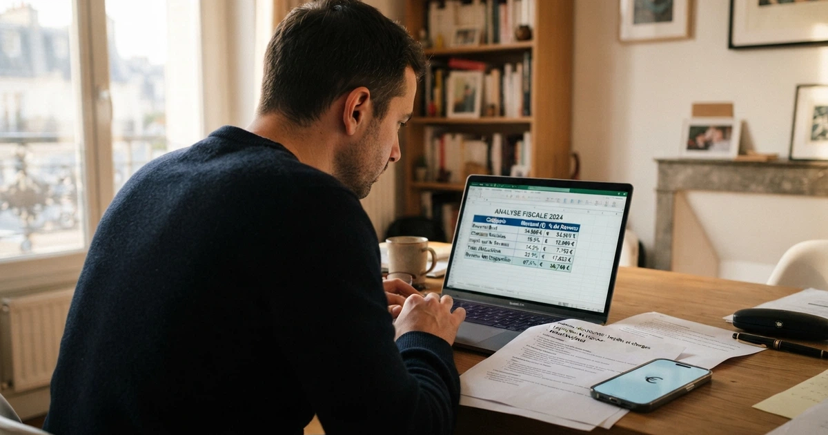 Un joueur français examinant la fiscalité de ses gains de casino sur l'écran de son ordinateur, entouré de documents officiels et d'un smartphone affichant une calculatrice