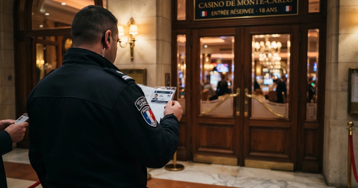 Un vigile vérifiant une carte d'identité à l'entrée d'un établissement de jeux, la porte des salles encore fermée derrière lui