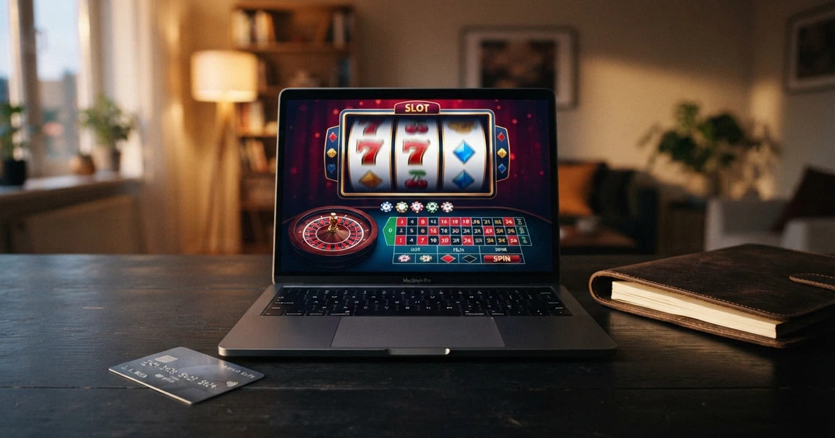 Comparaison de casinos en ligne sans RIB affichée sur un écran, avec une carte bancaire et un porte-documents posés à côté