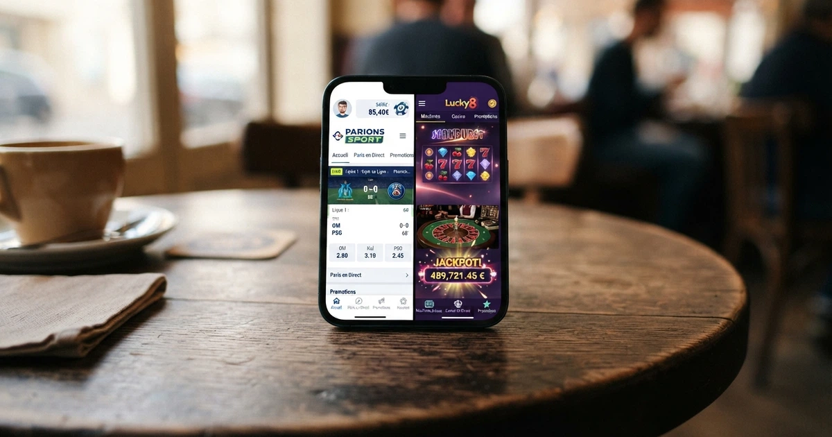 Écran de smartphone affichant côte à côte l'interface d'une application de bookmaker agréé ANJ et celle d'un casino offshore en mode navigateur, posé sur une table avec une carte d'identité française en arrière-plan flou