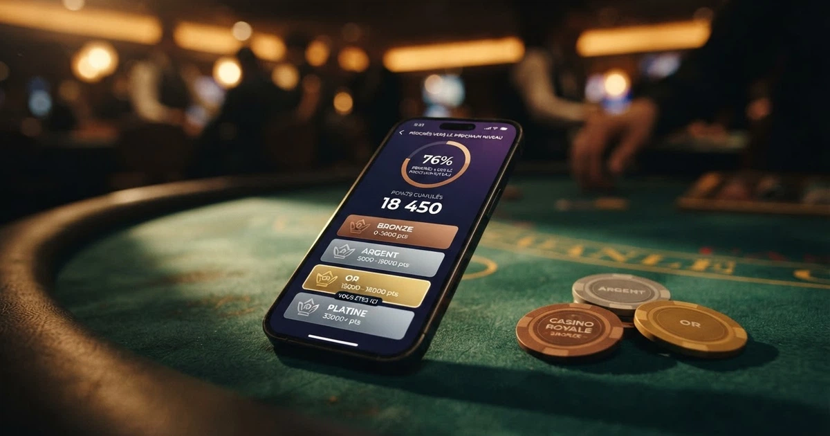 Illustration d'un programme de fidélité de casino en ligne avec ses niveaux VIP, ses points et ses récompenses