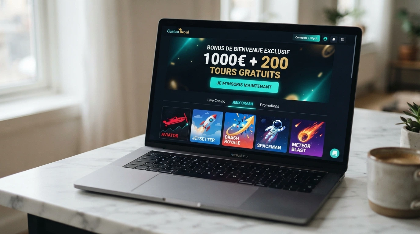 Page d'accueil d'un casino en ligne affichant une section crash games et une offre de bonus de bienvenue
