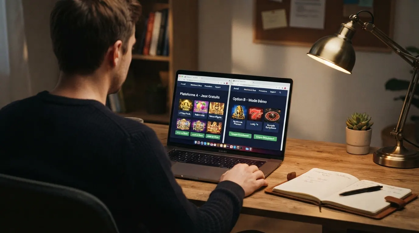Écran partagé montrant plusieurs interfaces de casinos gratuits côte à côte, avec leurs catalogues de jeux visibles