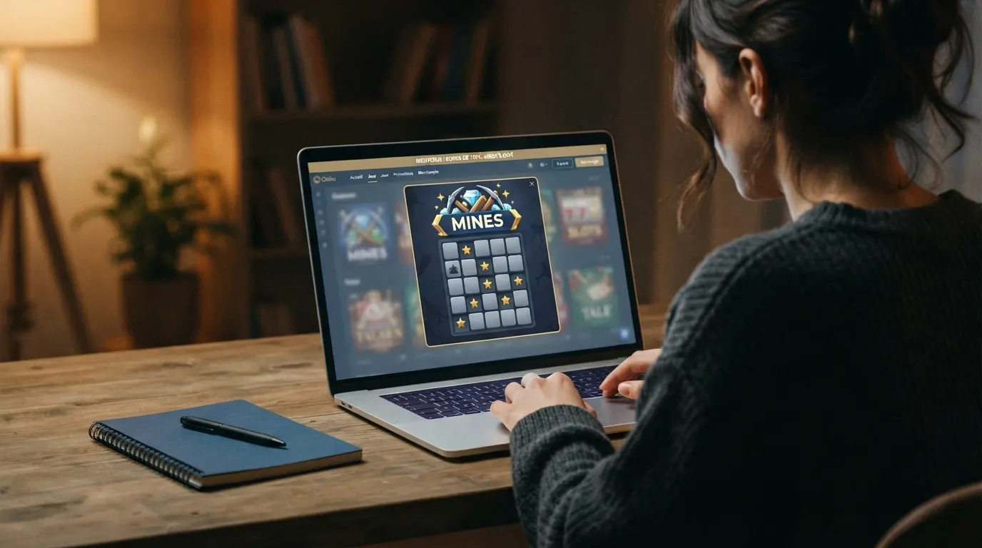 Une interface de casino en ligne affichant le jeu Mines en vedette, avec des logos d'opérateurs et des offres de bonus visibles à l'écran