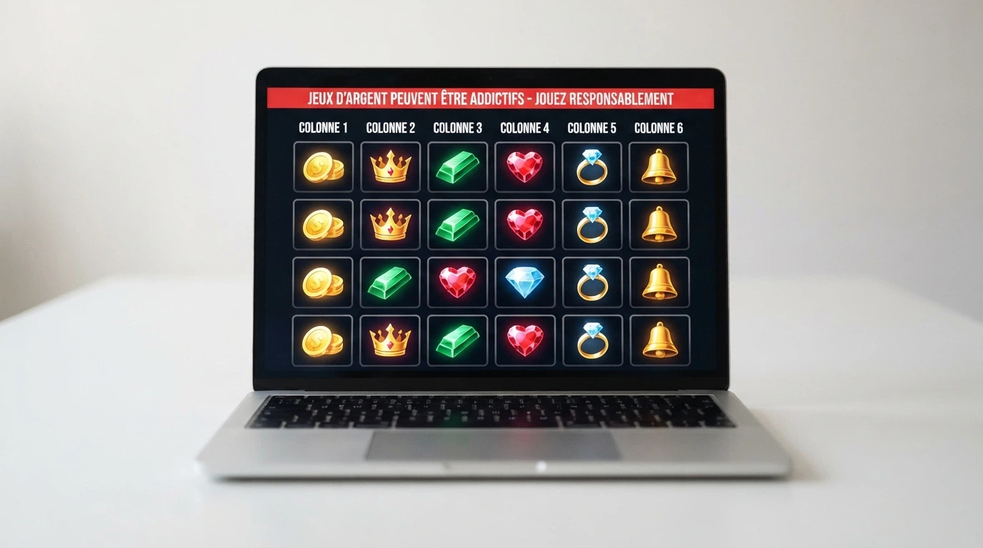 Une interface de casino en ligne affichant une grille de machines à sous, sans logo ni nom d'opérateur identifiable, avec un bandeau d'avertissement sur l'absence de licence française