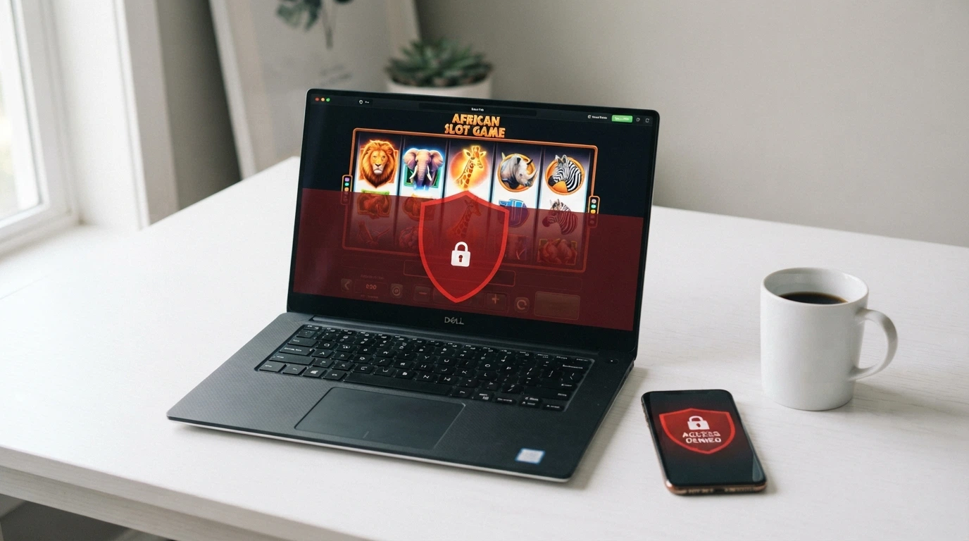 Capture d'écran partagée entre l'interface d'un casino en ligne affichant Mega Moolah et le logo de l'ANJ barrant l'accès, illustrant le statut non autorisé du site.