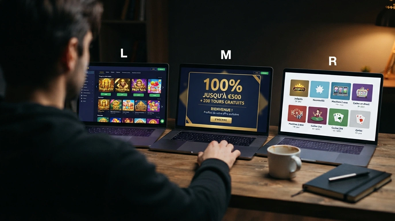 Capture d’écran comparative de trois interfaces de casino en ligne affichant des vignettes de machines à sous et des offres de bonus