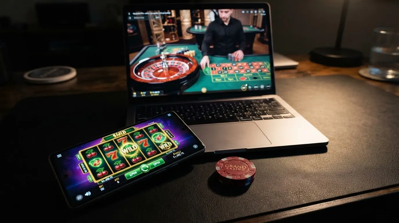 Une mosaïque de vignettes de jeux de casino en ligne : machines à sous colorées, table de blackjack, roulette live avec croupier en tenue professionnelle