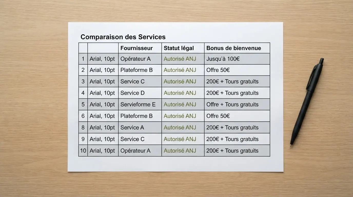 Un tableau comparatif d'opérateurs de casino avec leur statut légal et leur bonus de bienvenue